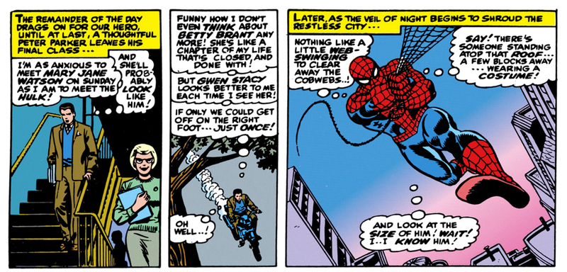 Peter takes to the skies to get away from his romantic problems in The Amazing Spider-Man #42—Mary Jane’s first full appearance as a character.